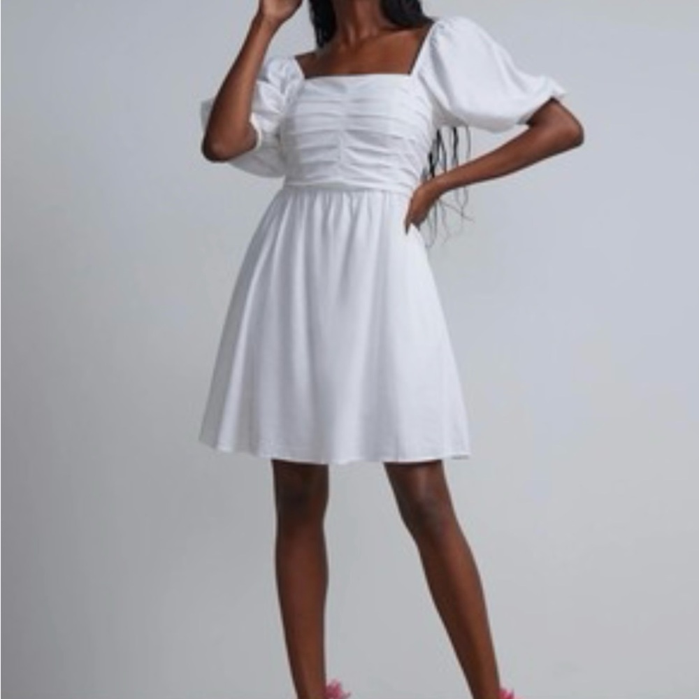 New York & Company White Mini Dress with Puff Sleeves